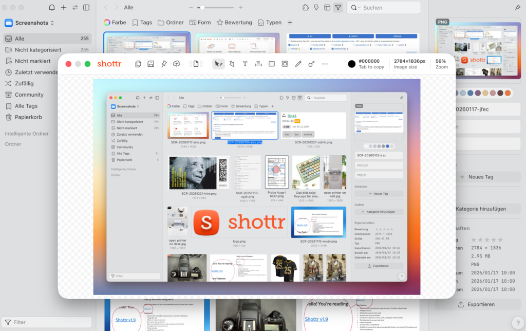Shottr Eagle Mac - Shottr Screenshot-Anwendungsoberfläche mit mehreren Screenshots, Filtern und Dateidetails, mit einer fokussierten Ansicht auf ein ausgewähltes Bild, das seine Abmessungen, Größe und Eigenschaften zeigt.