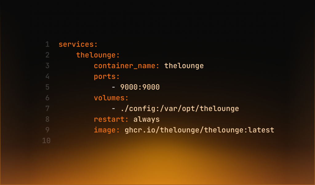 Thelounge docker compose yml - Configuration file snippet for a Docker Compose service named "thelounge", detailing ports, volumes, restart policy, and image source within a dark and orange gradient background. German Translation: Konfigurationsdateiausschnitt für einen Docker Compose-Dienst namens "thelounge", der Ports, Volumes, Richtlinie zum Neustart und Bildquelle auf dunklem und orangefarbenem Farbverlaufhintergrund detailliert darstellt.