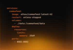 Commafeed docker compose yml - YAML-Konfigurations-Snippet für einen Dienst namens "commafeed", das Bild, Neustartrichtlinie, Volumes, Ressourcenbeschränkungen und Port-Mappings spezifiziert.