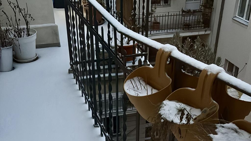 Wochenrueckblick KW 06 - Eine Ansicht von oben auf einen schneebedeckten Balkon mit zwei hängenden gelben Pflanzgefäßen mit Schnee, einem schneebedeckten schmiedeeisernen Geländer und schneebedecktem Boden mit Topfpflanzen im Hintergrund.
