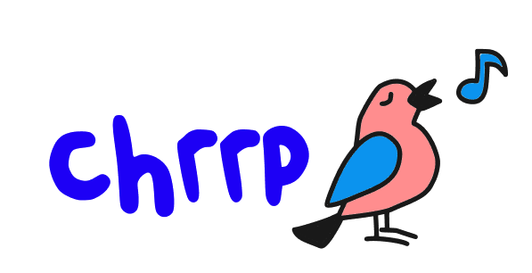 Wochenrueckblick kw 13 2026 mesz chrrp - Ein rosa Cartoonvogel mit blauen Flügeln singt, mit einer blauen Musiknote, die über seinem Schnabel schwebt, und dem Wort "zwitschern" in großen blauen Buchstaben links daneben.