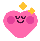 A pink heart character with closed eyes, rosy cheeks, and a smiling mouth, with two yellow starbursts above it. Ein rosa Herz-Charakter mit geschlossenen Augen, rosigen Wangen und einem lächelnden Mund, über dem zwei gelbe Sternchen schweben.