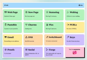A dashboard with 12 colorful panels displaying different services and statistics, including "Web Page", "Now Page", "Statuslog", "Weblog", "Pastebin", "Charms", "Pics", "PURLs", "Email", "DNS", "Switchboard", "Keys", "Proofs", and "Social". A separate panel on the right says "You're awesome." with a heart icon. Ein Dashboard mit 12 bunten Kacheln, die verschiedene Dienste und Statistiken anzeigen, darunter "Web Page", "Now Page", "Statuslog", "Weblog", "Pastebin", "Charms", "Pics", "PURLs", "Email", "DNS", "Switchboard", "Keys", "Proofs" und "Social". Eine separate Kachel rechts zeigt "You're awesome." mit einem Herzsymbol.