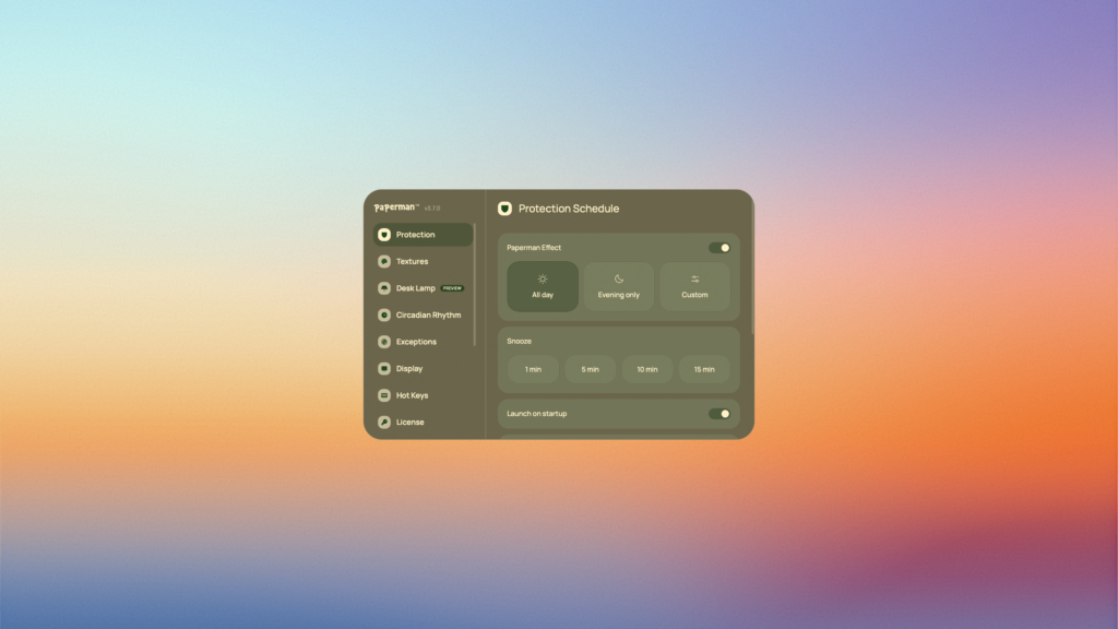 A digital user interface panel titled "Protection Schedule" from the application "Paperman" which displays options for controlling screen color temperature and brightness, including a "Paperman Effect" with "All day," "Evening only," and "Custom" settings, and snooze durations of 1, 5, 10, and 15 minutes. Ein digitales Benutzeroberflächenfeld mit dem Titel "Protection Schedule" aus der Anwendung "Paperman", das Optionen zur Steuerung der Bildschirmfarbtemperatur und -helligkeit anzeigt, einschließlich eines "Paperman Effect" mit den Einstellungen "All day", "Evening only" und "Custom" sowie Schlummerzeiten von 1, 5, 10 und 15 Minuten.