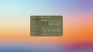 A digital user interface panel titled "Protection Schedule" from the application "Paperman" which displays options for controlling screen color temperature and brightness, including a "Paperman Effect" with "All day," "Evening only," and "Custom" settings, and snooze durations of 1, 5, 10, and 15 minutes. Ein digitales Benutzeroberflächenfeld mit dem Titel "Protection Schedule" aus der Anwendung "Paperman", das Optionen zur Steuerung der Bildschirmfarbtemperatur und -helligkeit anzeigt, einschließlich eines "Paperman Effect" mit den Einstellungen "All day", "Evening only" und "Custom" sowie Schlummerzeiten von 1, 5, 10 und 15 Minuten.